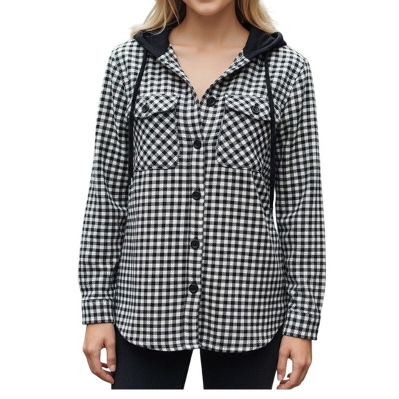 Eddie Bauer Tops - EDDIE BAUER Black White Plaid Hooded Button‎ Down Jacket Women's XS NWOT